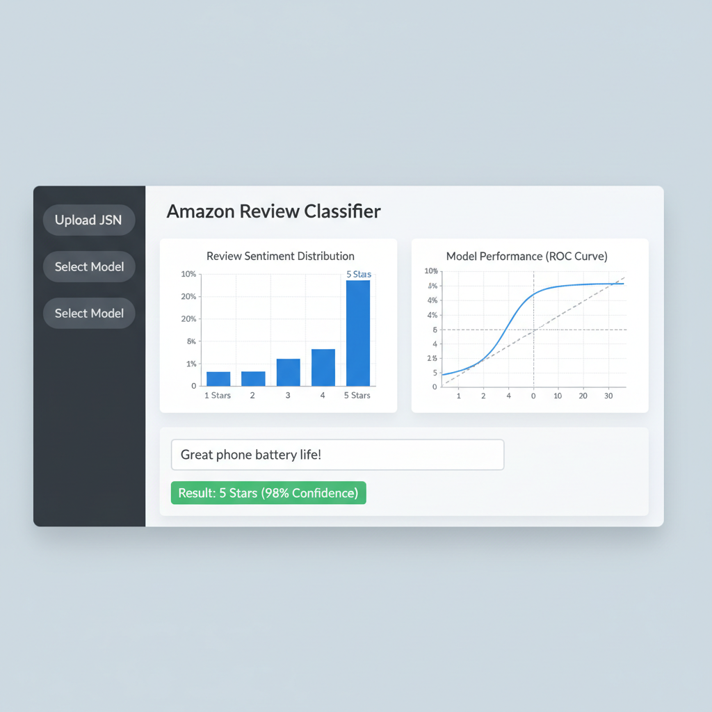 A professional screenshot of a Streamlit web application dashboard for 'Amazon Review Classifier'. Left sidebar has 'Upload JSON' and 'Select Model'. Main area has a blue bar chart, a ROC curve, and a text input box saying 'Great phone battery life!' with a result label '5 Stars (98% Confidence)'. Clean data science UI.