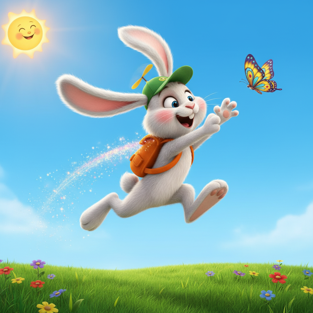 Happy cartoon bunny jumping high in the air on green grass, blue sky, chasing a butterfly, very energetic and colorful