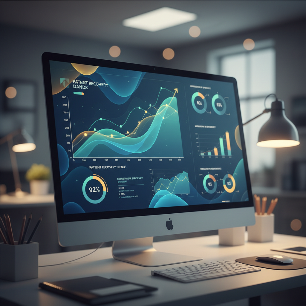 Close-up of a computer monitor displaying colorful modern healthcare data charts and graphs, bokeh background of a hospital office, professional