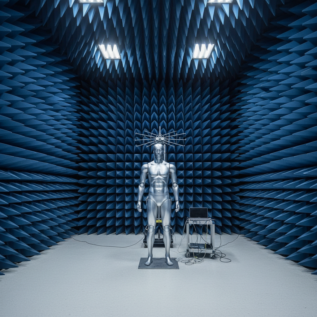Inside a Radio Frequency Anechoic Chamber, walls lined with blue foam pyramidal absorbers, a test mannequin in the center. Professional photography, engineering lab setting