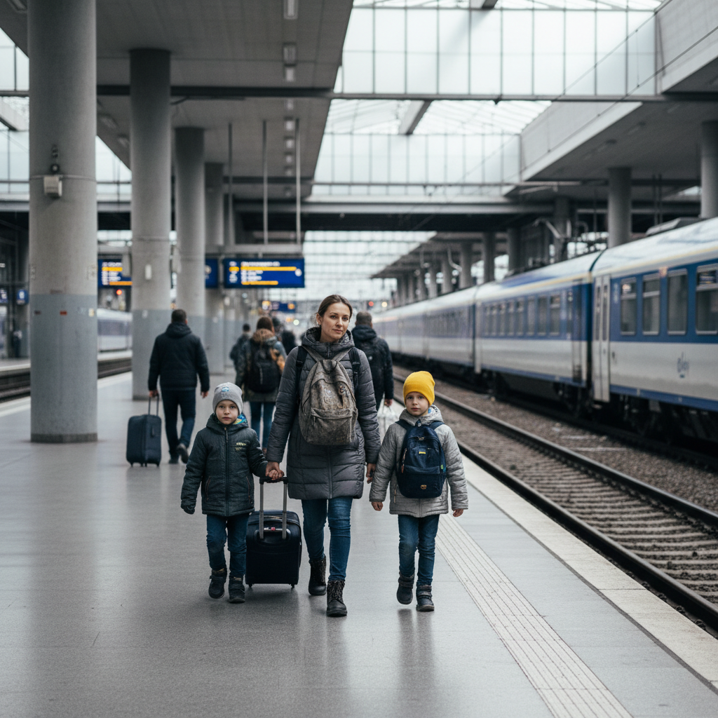 Ukrainian refugees arriving at a train station in Europe, documentary style photography, minimalist