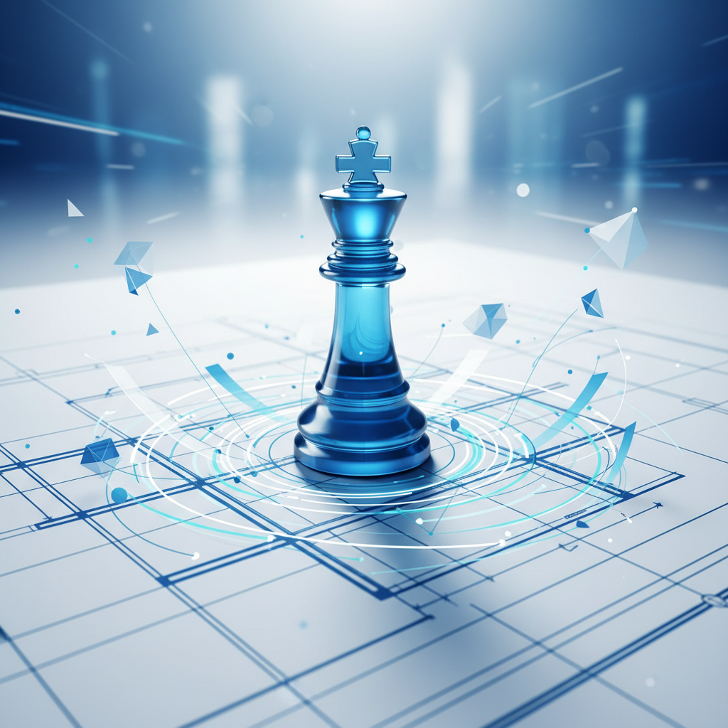 corporate boardroom strategy abstract concept, chess piece on architectural blueprint, blue and white tones
