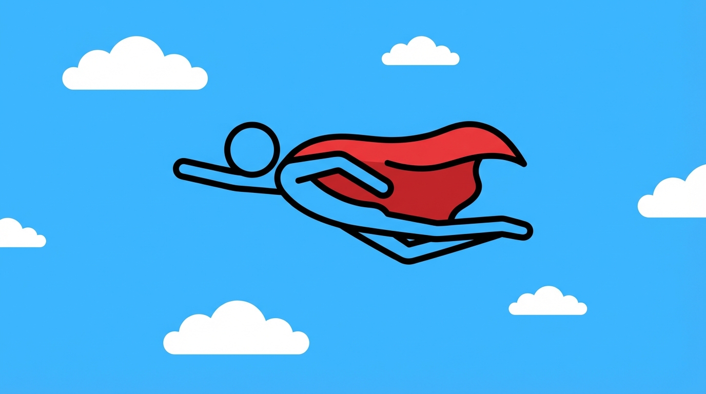 Stick figure superman flying horizontally across a simple blue sky with white fluffy clouds. Arm outstretched, cape fluttering back.