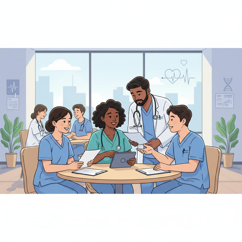 Nursing team collaboration, diverse medical professionals discussing a file, support and care concept, realistic illustration