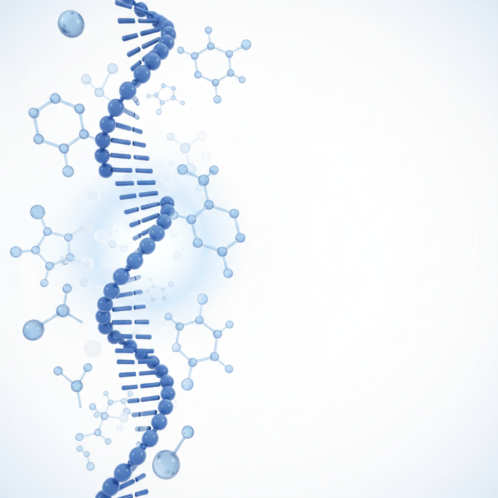 abstract medical background with blue DNA strands and molecular structures clean white minimalist