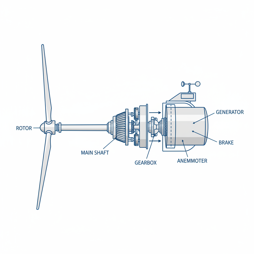 Technical diagram of a wind turbine nacelle interior showing rotor, gearbox, generator, brake, anemometer, clean white background style