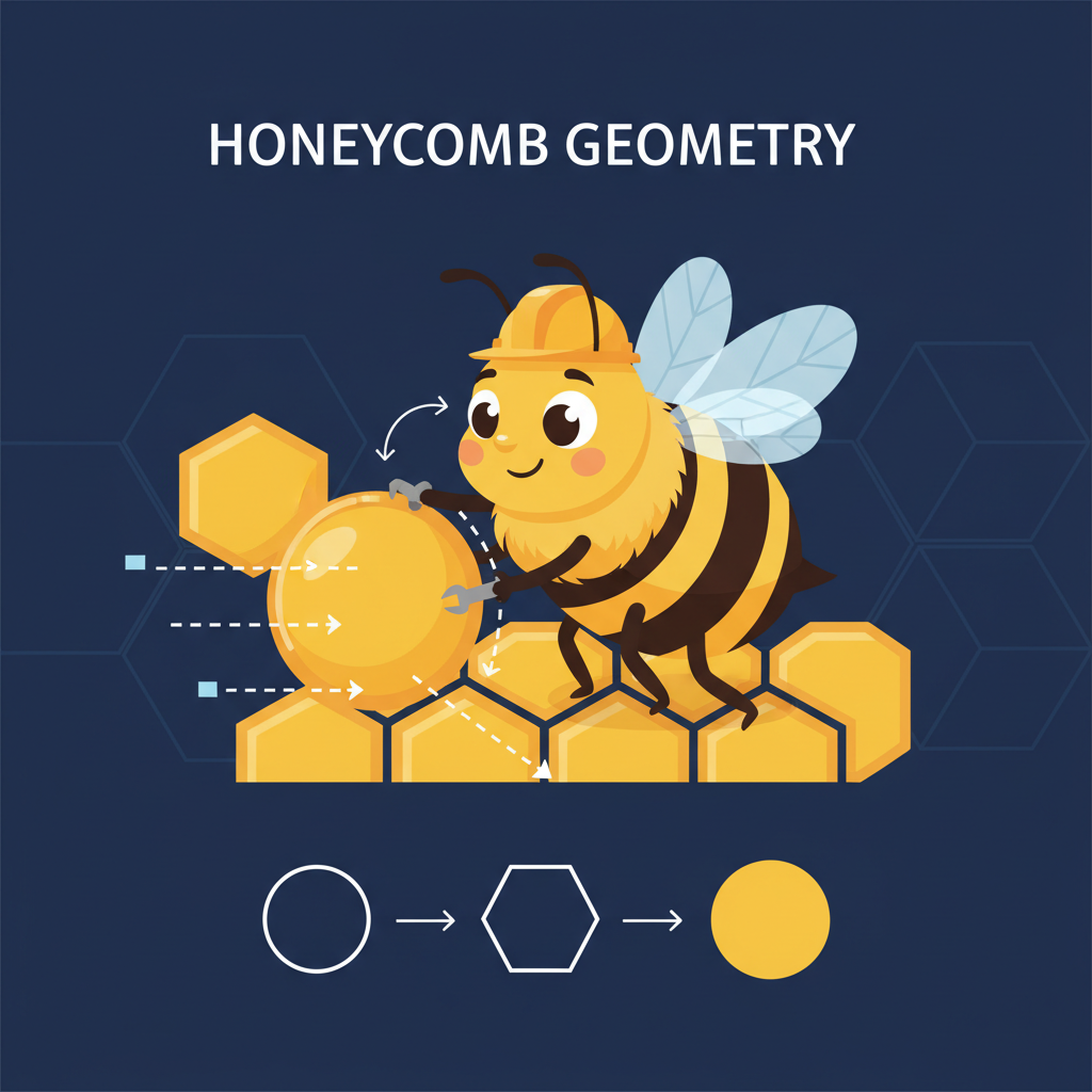 vector illustration of a cute bee working on a wax cell, transforming round shape to hexagon, educational style, dark blue background