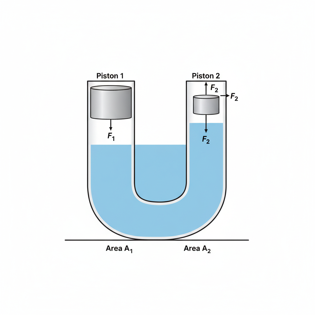 diagram of a U-shaped hydraulic system with two pistons of different sizes, filled with blue water, clean minimalist physics diagram