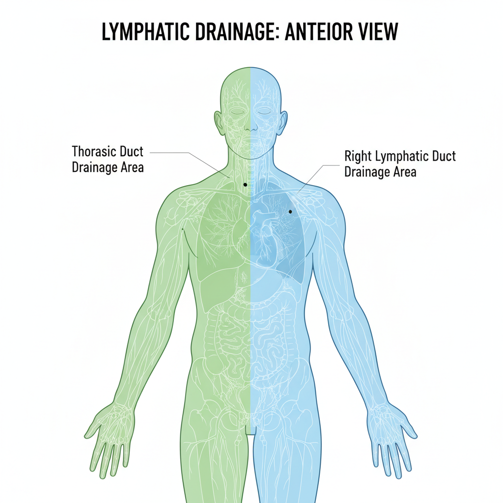 Medical illustration diagram of human body showing asymmetrical lymphatic drainage areas. One color (green) for Thoracic Duct area, another color (blue) for Right Lymphatic Duct area.