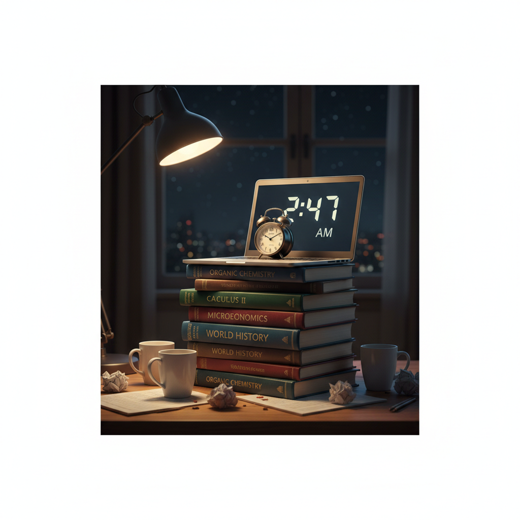 Stack of textbooks and a laptop with a clock showing late night, photorealistic