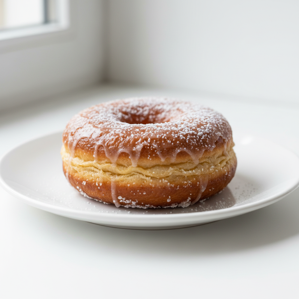 A high quality, photorealistic close-up of a Cronut pastry on a white ceramic plate, golden brown layers visible, glazed topping, soft natural lighting, culinary photography style