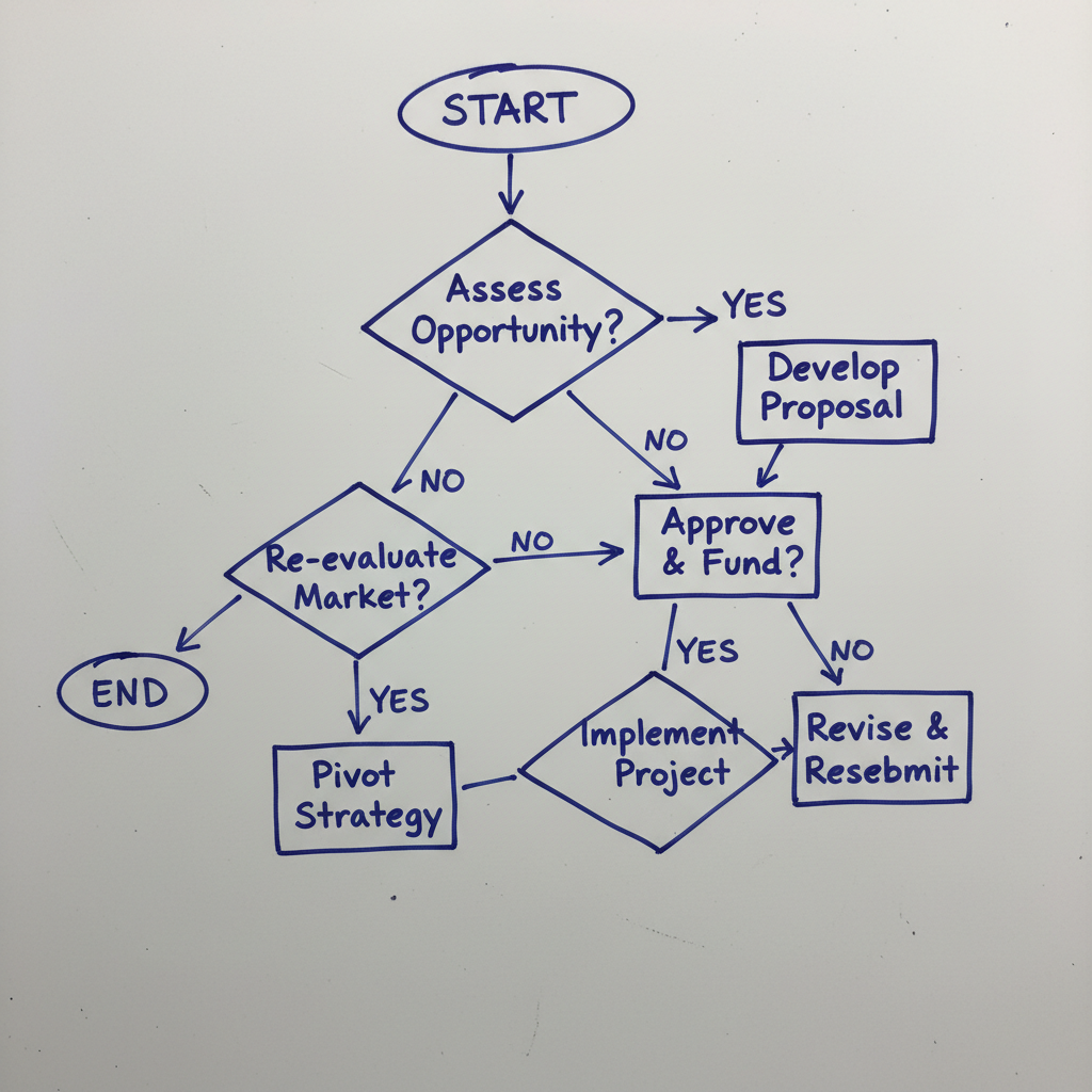 flowchart diagram on a whiteboard showing yes no decision paths, abstract business logic, simple clean lines, blue marker style
