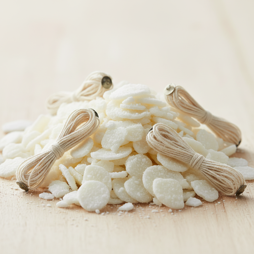 Close up of raw natural soy wax flakes and cotton candle wicks, clean bright ingredient photography, eco friendly concept