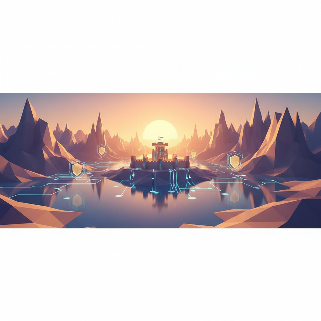 sunrise over a clean digital landscape, low poly style, symbolizing hope and security