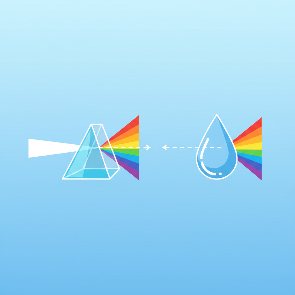vector illustration of a prism splitting white light into a rainbow, and a raindrop doing the same, physics optics, flat style