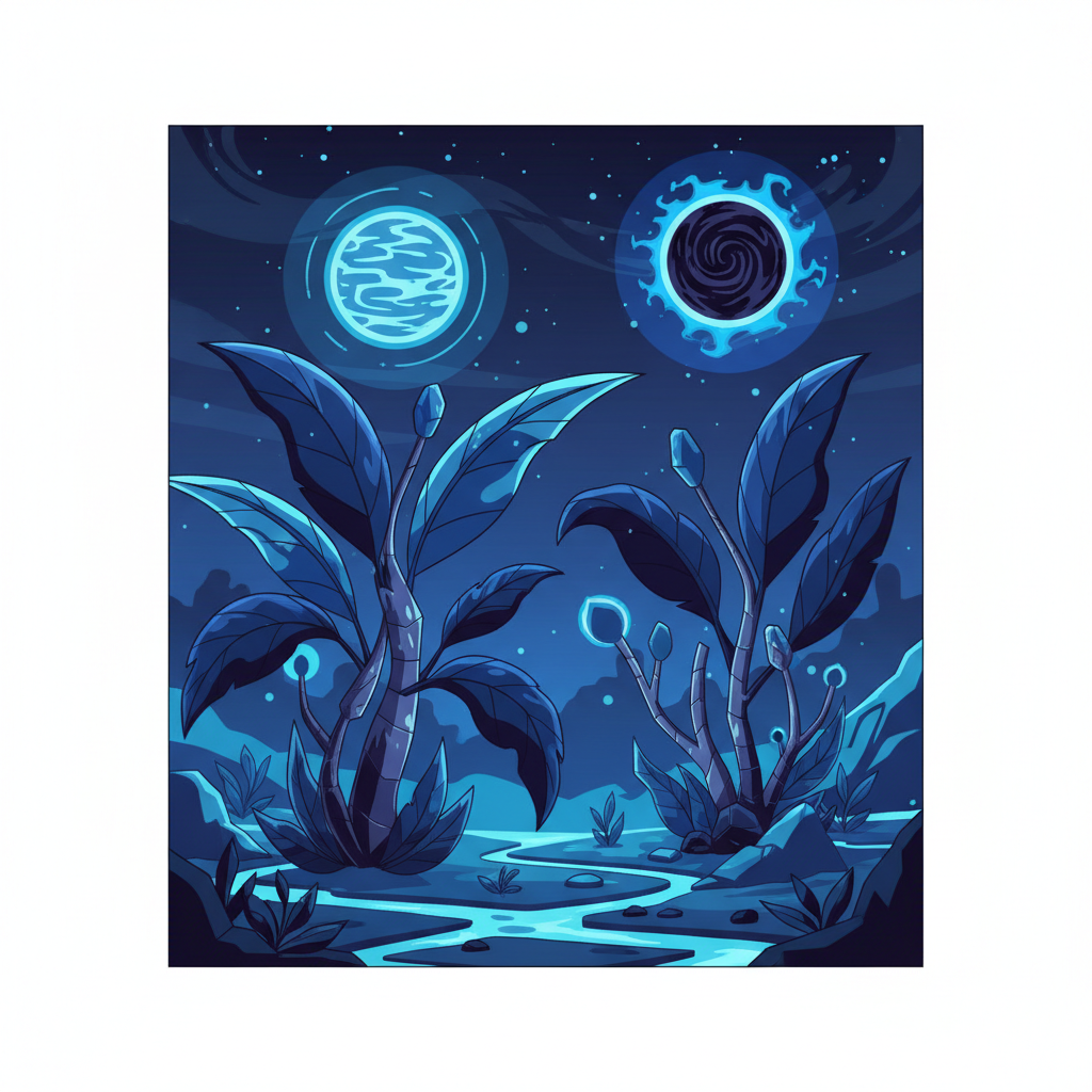 fantasy vector illustration of alien plants with blue and black leaves under different suns, science fiction biology, flat style