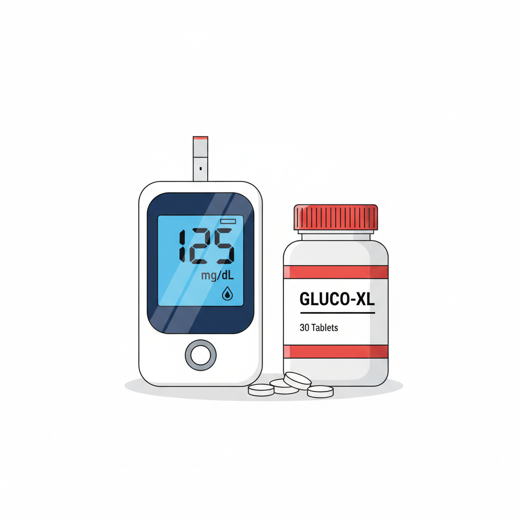 illustration of a modern glucose monitor device and a pill bottle, flat vector design
