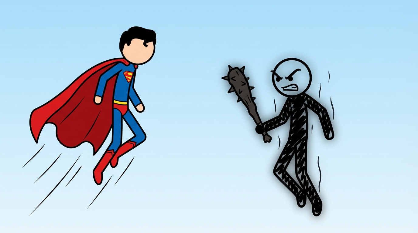 Stick figure superman stops mid-air. In front of him is a Villain stick figure: painted black with angry jagged eyebrows and a spiky weapon relative to the cartoon art style.