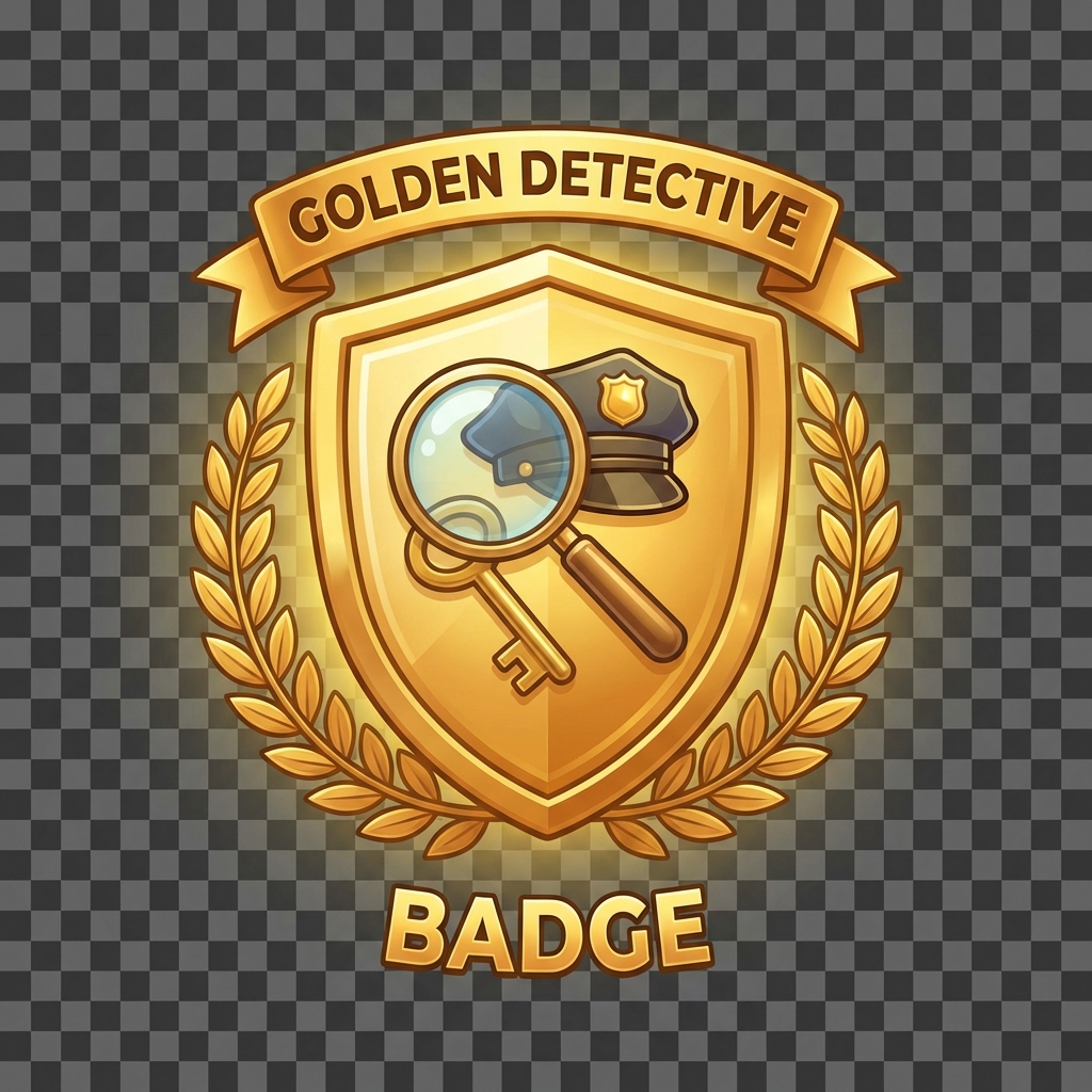 Golden detective badge or trophy, cartoon style