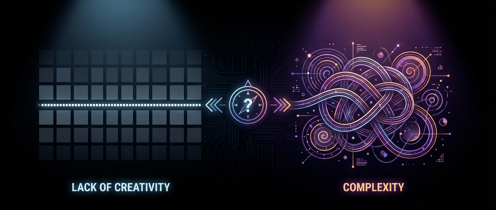 Conceptual illustration showing a straight boring line maze versus a messy chaotic maze, visualizing lack of creativity vs complexity, dark theme