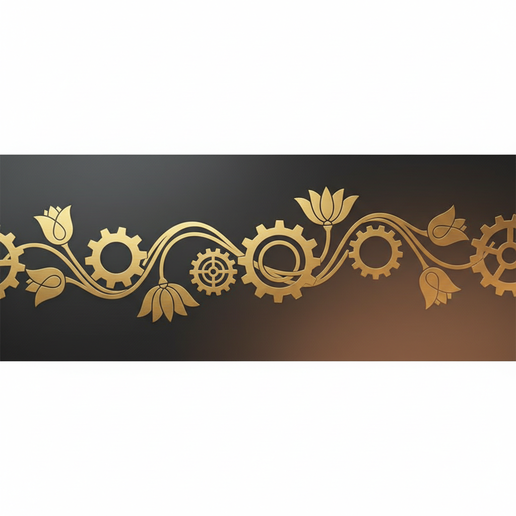 abstract minimalist texture combining gears of industry with ancient egyptian lotus motif gold