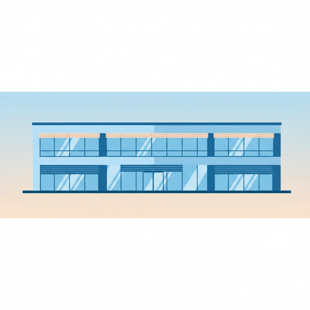 modern minimalistic office building with solar shading systems, jalousie markise and roller shutters, vector flat illustration style, paperblue and light orange colors