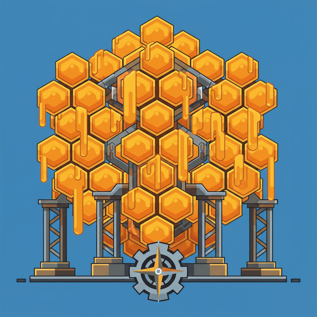 vector illustration of strong honeycomb structure holding heavy honey, symbol of strength and engineering, flat style