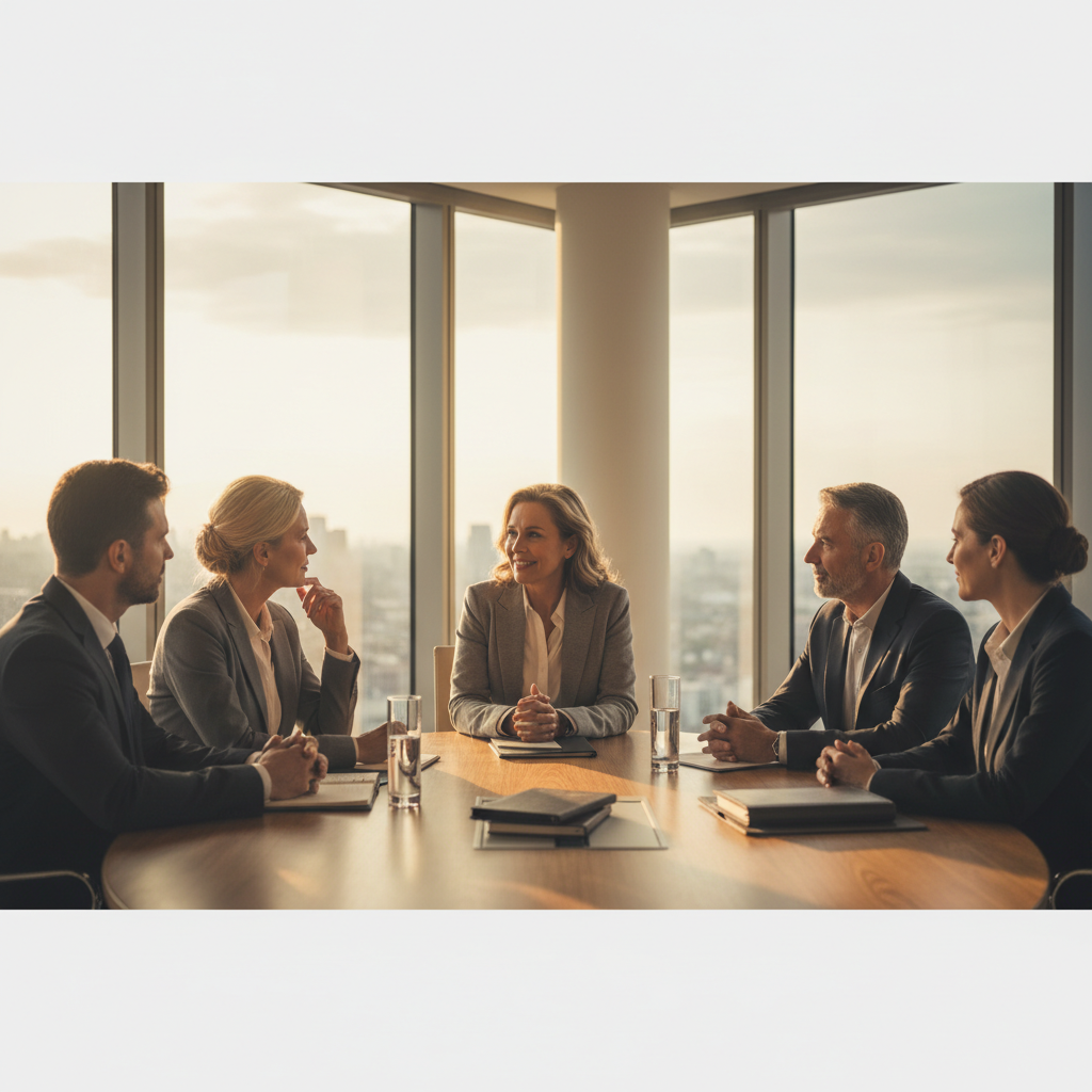 cinematic wide shot, professional executive coaching session in a modern glass office, diverse senior leaders, empathetic conversation, warm lighting, 4k resolution, depth of field