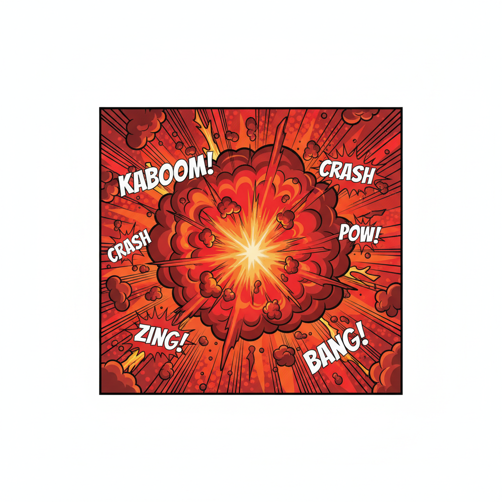 cartoon explosion comic style showing noise and chaos, red and orange colors