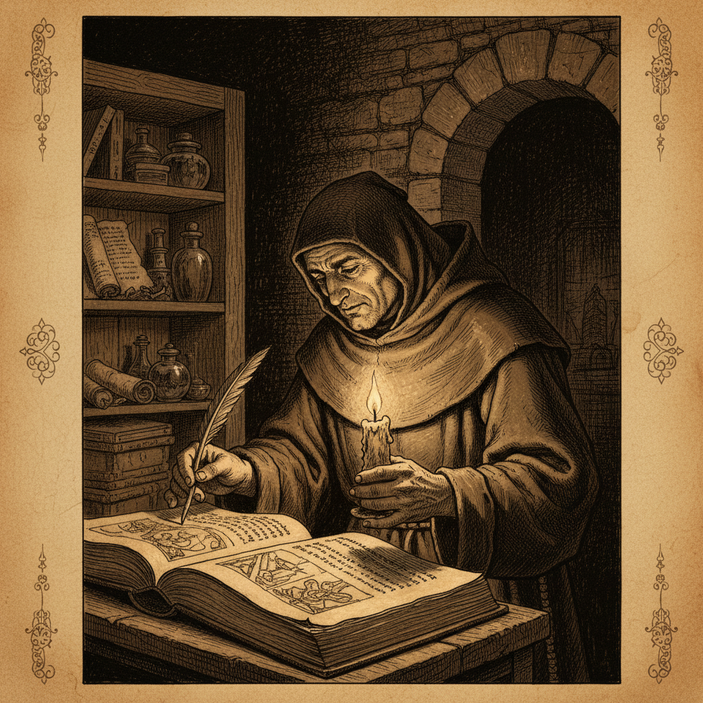 Old parchment illustration of a medieval monk reading a manuscript by candlelight, dark atmosphere