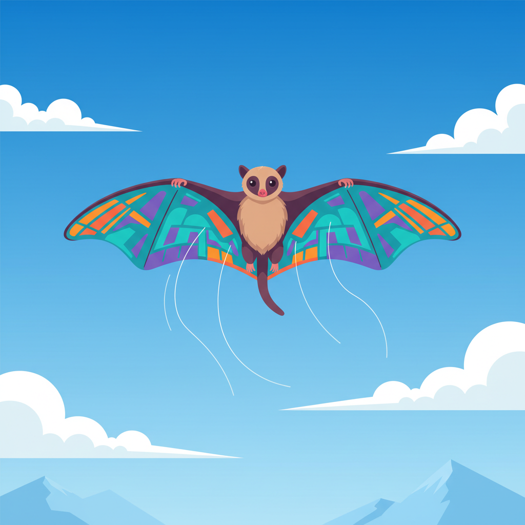 Cartoon Colugo gliding through air like a kite, viewed from below, vector style