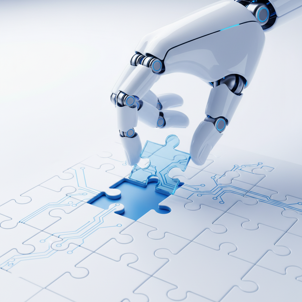 Futuristic robot hand gently placing a puzzle piece, clean white and blue colors, minimal studio lighting