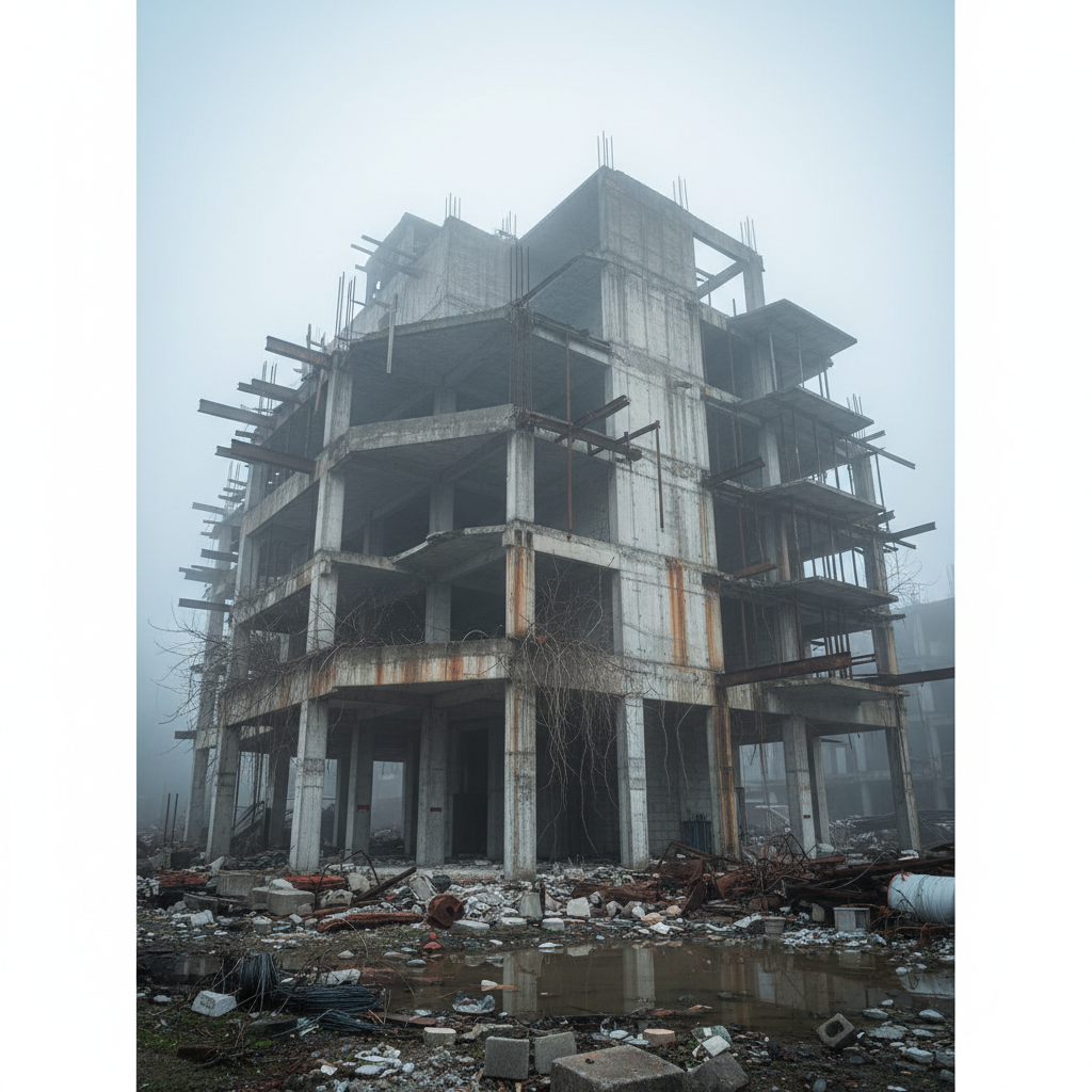 An abandoned, half-built modern structure, symbolizing a stalled project or failed transformation, misty and moody, realistic