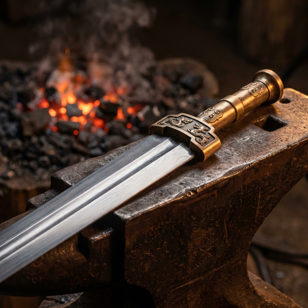 Cinematic closeup of a gleaming folded steel sword resting on an ancient anvil, glowing embers in background, dramatic lighting, photorealistic, Han Dynasty style