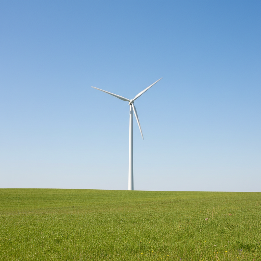 Modern wind turbine in a green field, blue sky