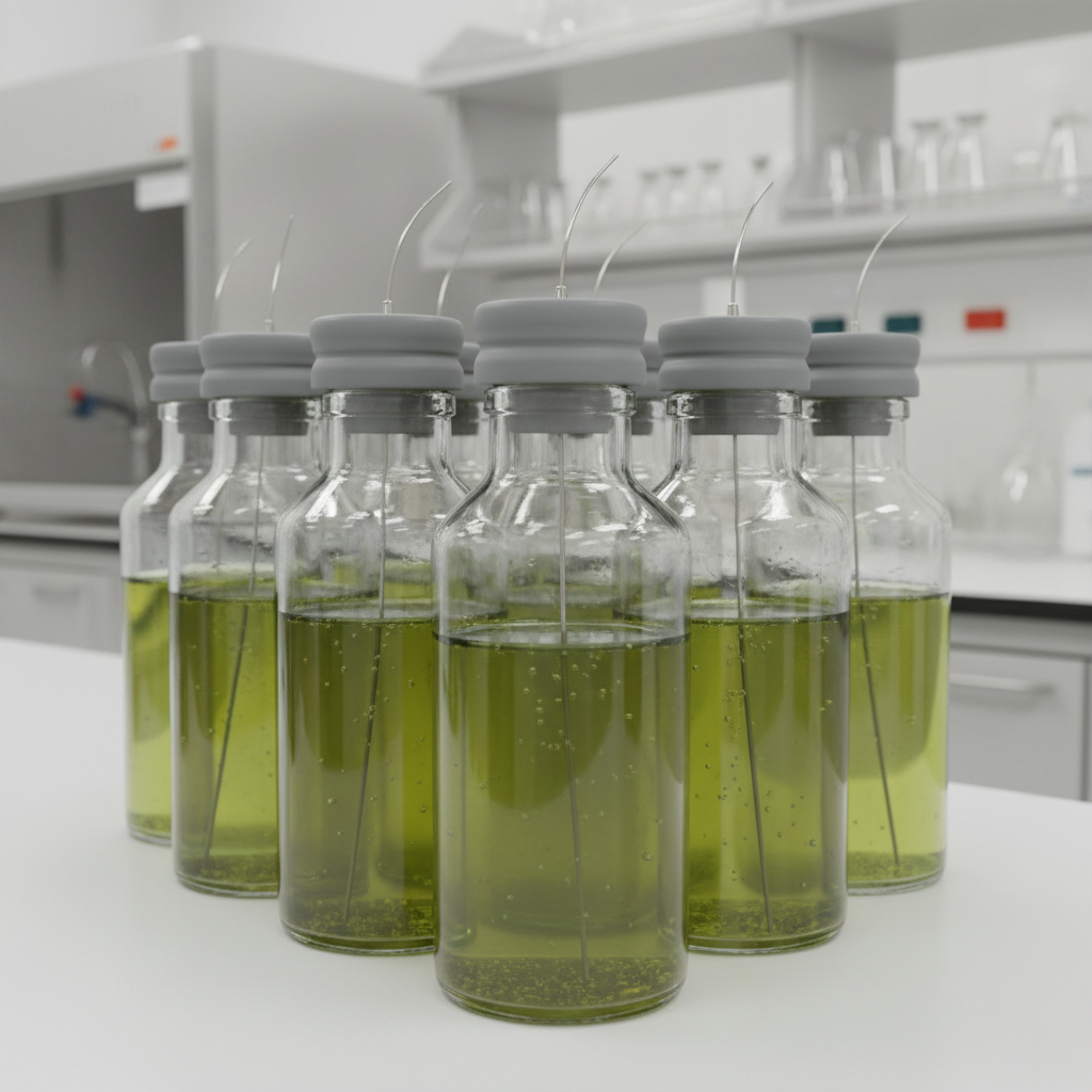 Laboratory anaerobic glass serum bottles with rubber stoppers, containing liquid culture, scientific photography style, clean lighting