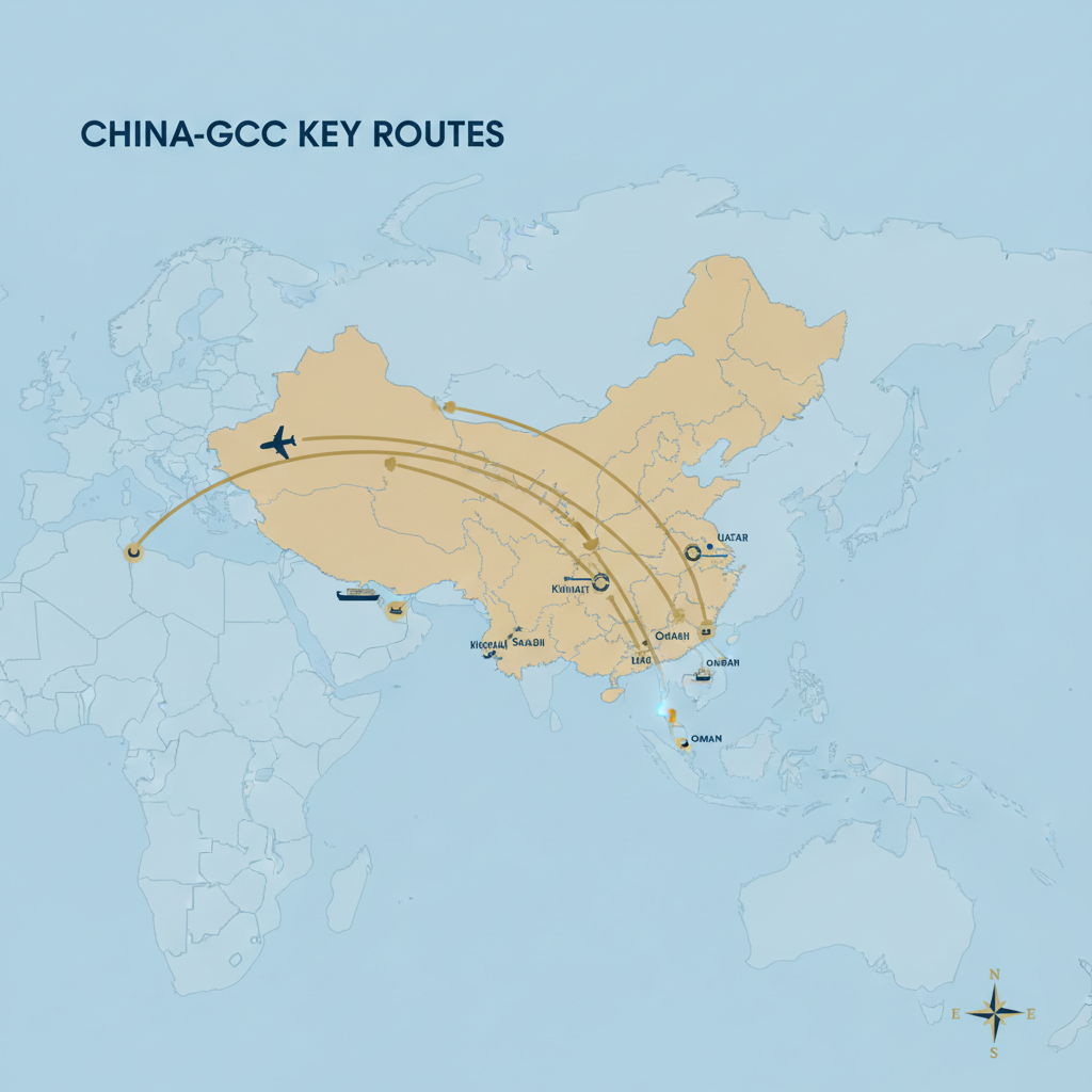 minimalist flat map illustration showing connection key routes between China and GCC Middle East