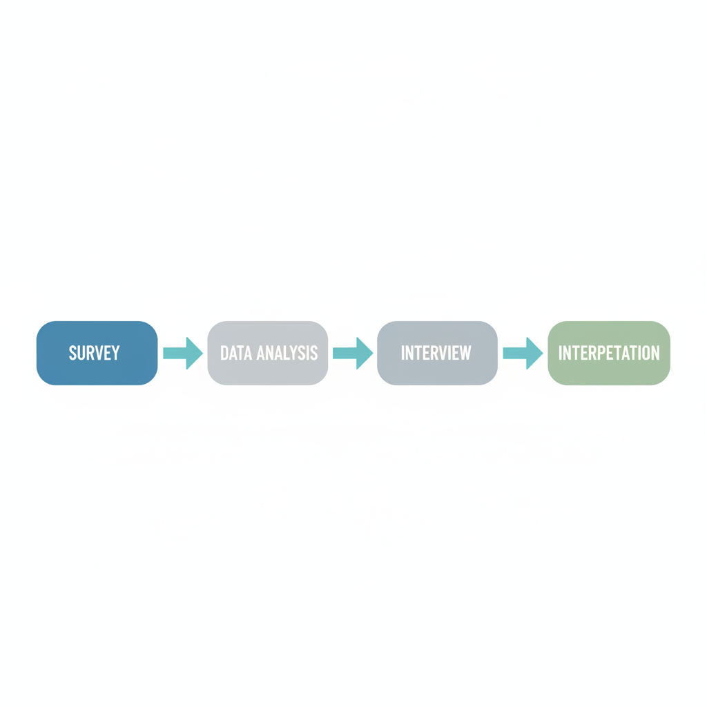 Diagram showing arrows flowing from Survey to Data Analysis to Interview to Interpretation, minimalist abstract flat style
