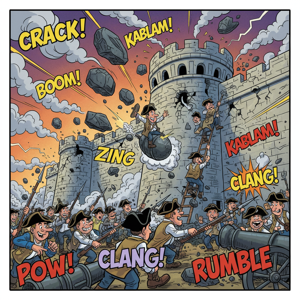 Satirical comic book style. Action scene! The storming of the Bastille. Smoke, stones falling from the fortress walls, cannon smoke (cartoon style). Dynamic figures climbing or rushing in. Comic onomatopoeia visual effects implying noise. No gore, but chaotic energy.