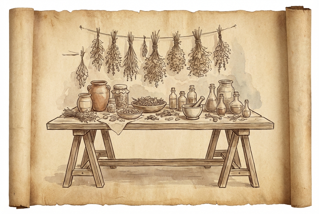 Medieval drawing of medical ingredients, herbs, jars on a wooden table, old parchment style