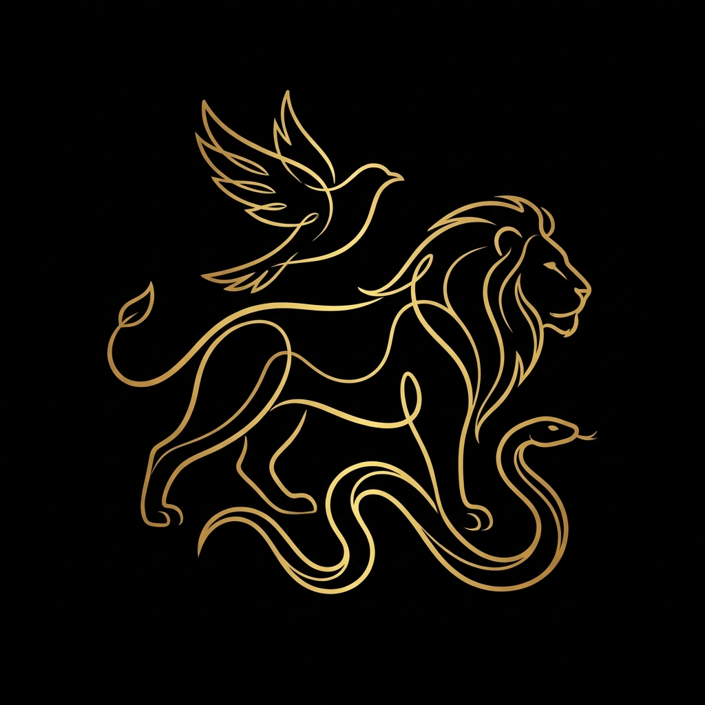 Gold minimalist line art illustration of wild animals (lion, bird, snake) on a pure black background, elegant, artistic sketch style, high contrast