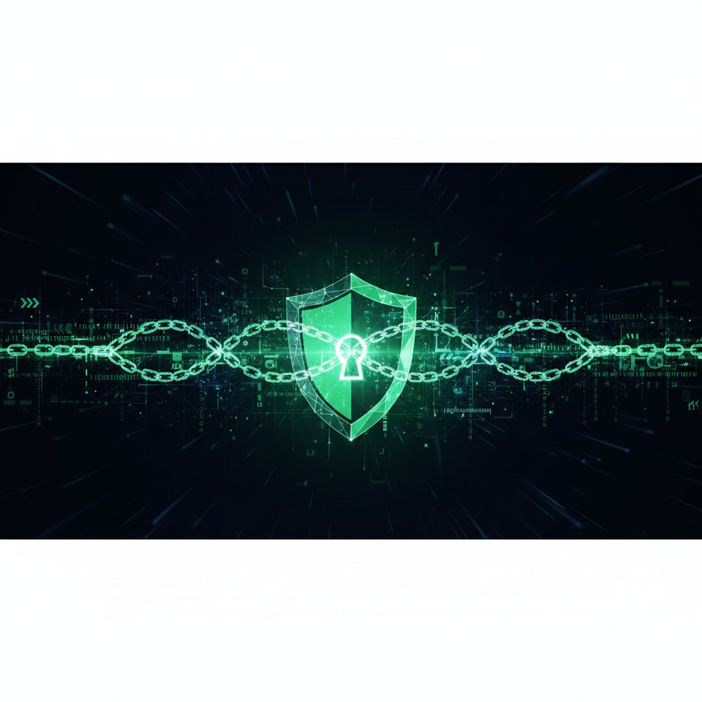 abstract digital shield lock concept, glowing green binary code chains, cyber security visualization, dark background 8k