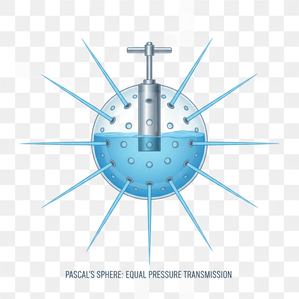 scientific illustration of Pascal's sphere experiment, water squirting out equally from all holes in a sphere, representing equal pressure transmission