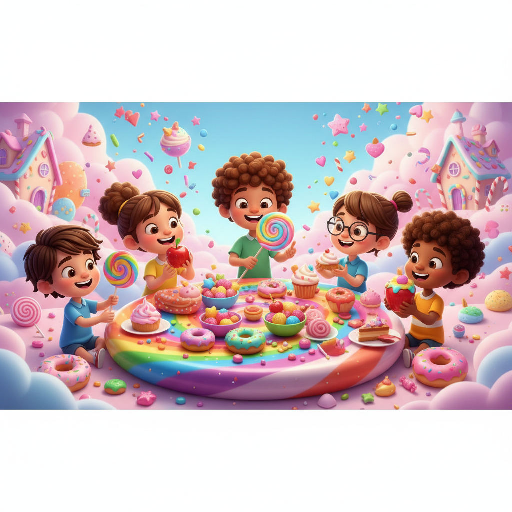 Group of diverse children laughing and eating colorful sweets together, bright playful 3D cartoon style