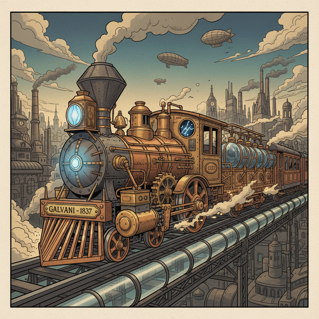 1837 electric locomotive called Galvani, primitive train, steampunk style, comic book shading, heavy gears