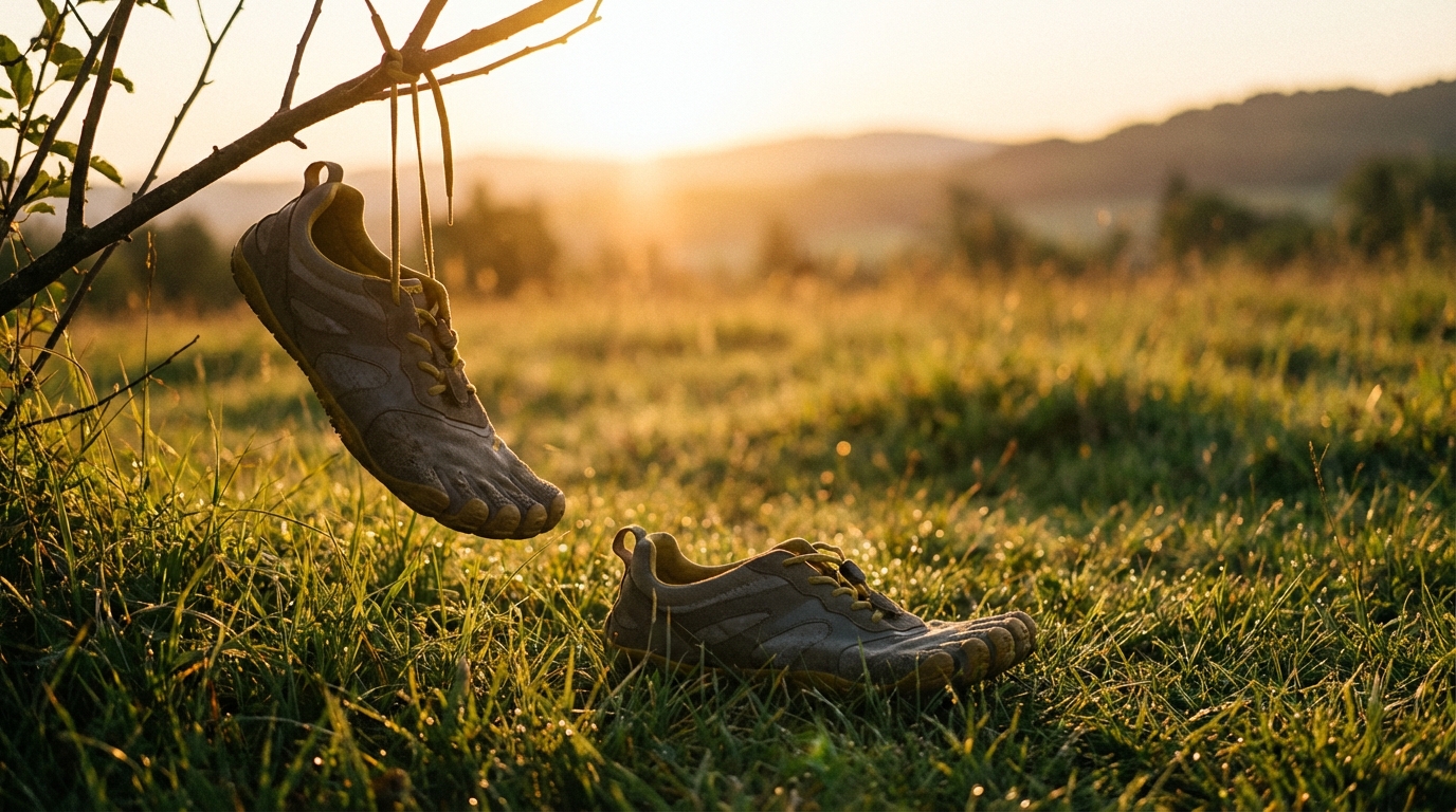 Minimalist running shoes hanging or sitting on grass, sunset light, end of workout concept