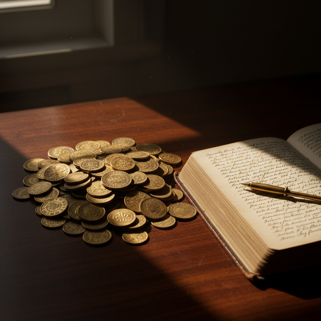 Cinematic photography of a pile of antique gold coins and a 19th-century ledger book on a dark mahogany table, dramatic lighting, sharp focus, 8k resolution
