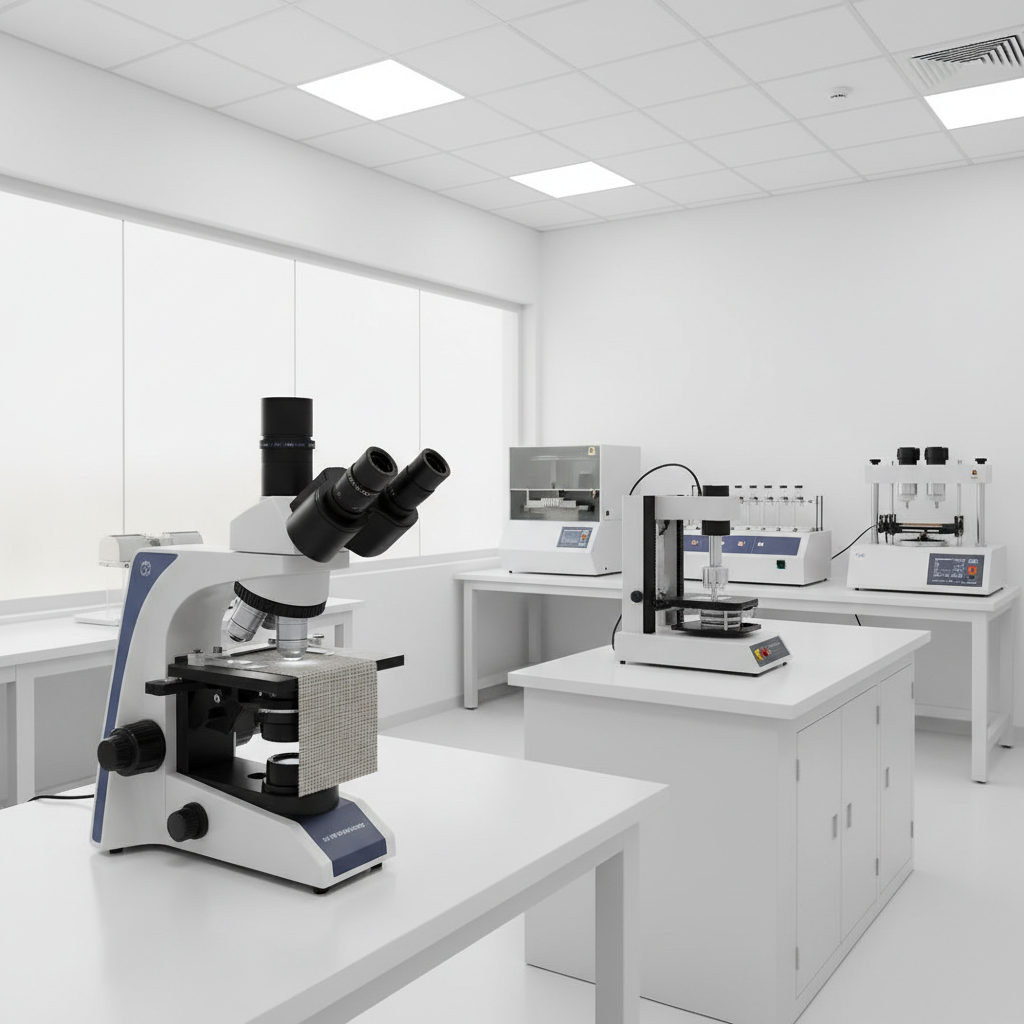 Modern textile laboratory equipment, microscope and fabric testing machines, clean white environment