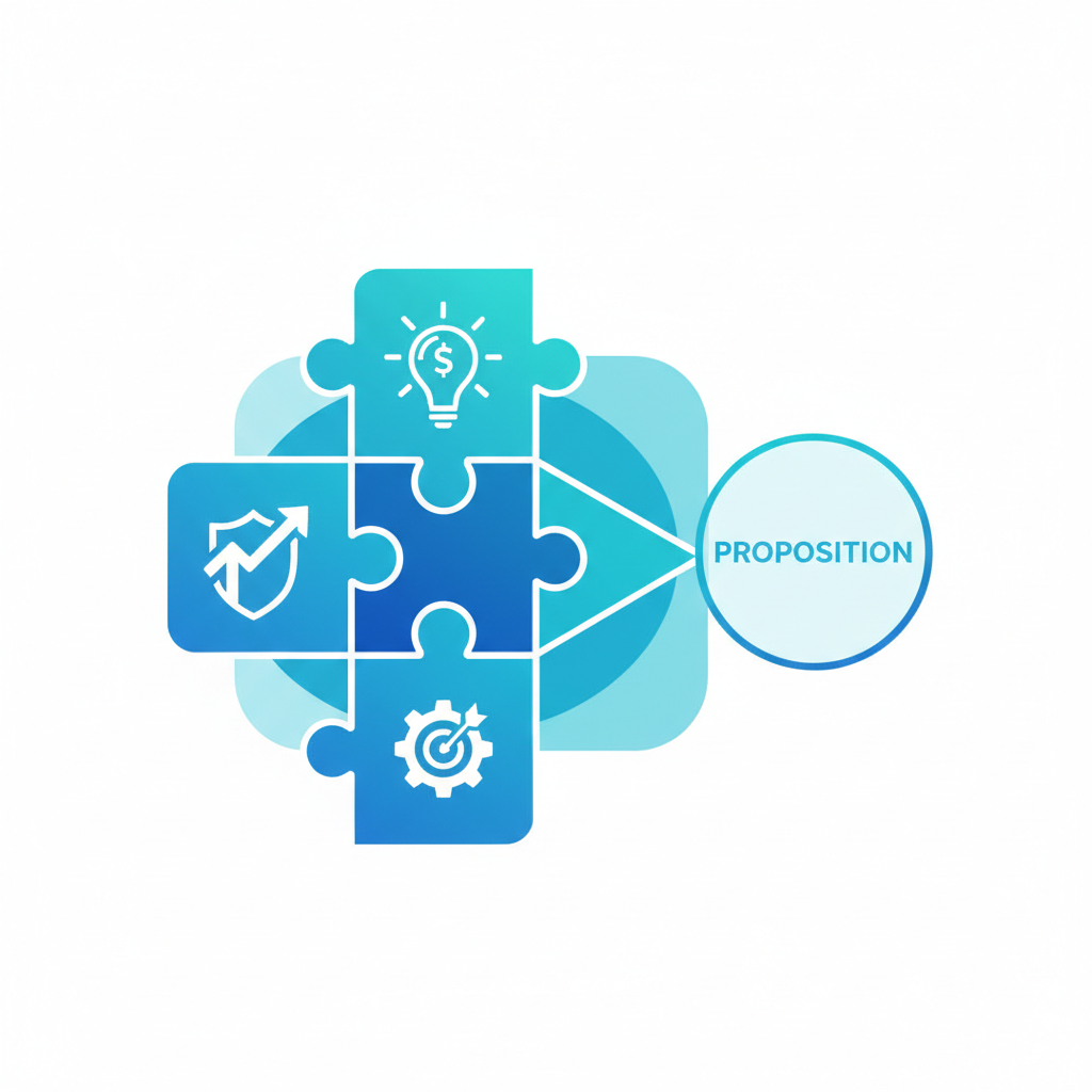iconography representing business strategy value proposition, puzzle pieces connecting, minimal vector style blue and teal