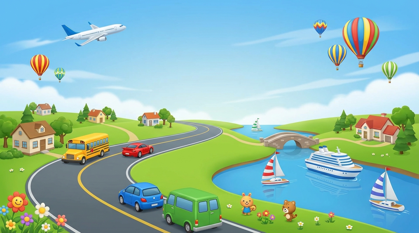 Colorful cartoon landscape showing cars on roads, planes in the sky, and boats on water